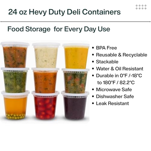 24oz [240 set] Heavy Duty Plastic Deli Container | BPA-Free Food Storage with Airtight Leak‑Proof Lids | Microwave, Freezer & Dishwasher Safe – Stackable, Bulk Reusable Soup & Meal Prep Tub