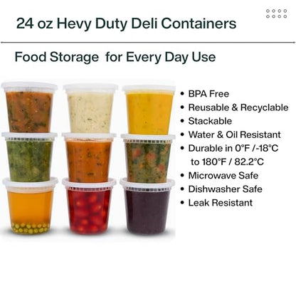 24oz [240 set] Heavy Duty Plastic Deli Container | BPA-Free Food Storage with Airtight Leak‑Proof Lids | Microwave, Freezer & Dishwasher Safe – Stackable, Bulk Reusable Soup & Meal Prep Tub