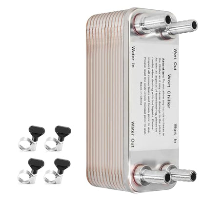 30 Plate Wort Chiller, 1/2 Barb Fitting Homebrew Plate Wort Chiller, Stainless Steel Brazed Plate Heat Exchanger, Beer Chiller Wort Cooler Heat Exchanger For Brewing-7.5" x 2.9"