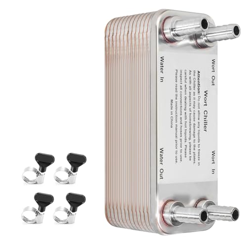 30 Plate Wort Chiller, 1/2 Barb Fitting Homebrew Plate Wort Chiller, Stainless Steel Brazed Plate Heat Exchanger, Beer Chiller Wort Cooler Heat Exchanger For Brewing-7.5" x 2.9"
