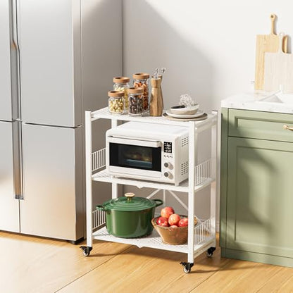 Folding Storage Shelves No Assembly, 3 Tier Foldable Shelves with Wheels, Collapsible Rolling Storage Rack for Pantry Laundry Room Small Spaces, White - color: White/3-tier