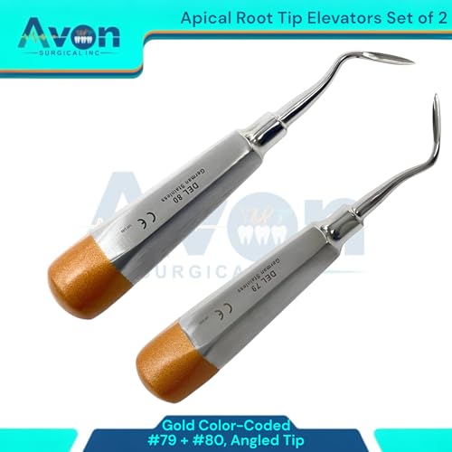No. 79 & No. 80 Apical Root Tip Pick Elevator, Angled Tip, Hollow Gold Color Handle | Autoclave Safe German Stainless Steel Instruments (Set of 2)