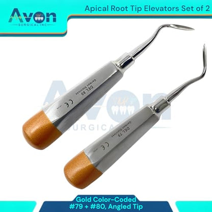No. 79 & No. 80 Apical Root Tip Pick Elevator, Angled Tip, Hollow Gold Color Handle | Autoclave Safe German Stainless Steel Instruments (Set of 2)