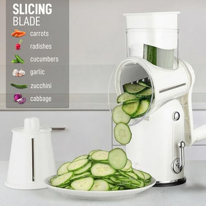 Zulay Kitchen Rotary Cheese Grater 5 Blade Cheese Shredder - Manual Hand Crank Cheese Grater With Reinforced Suction & 5 Interchangeable Drums - Easy to Use, Vegetable Chopper Round Mandoline Slicer - color: Classic | White