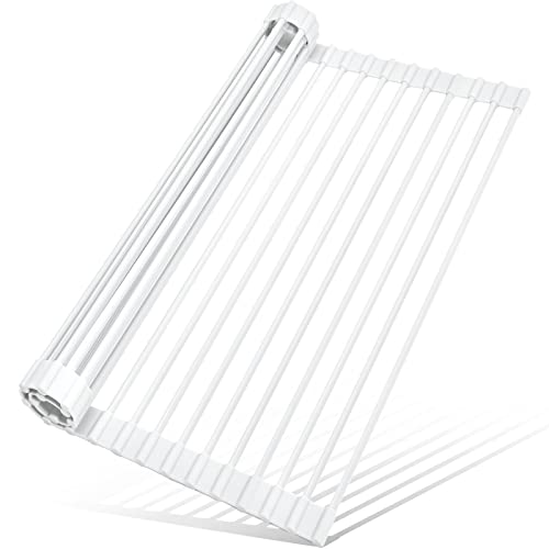 MERRYBOX Roll Up Over The Sink Dish Drying Rack Silicone Wrapped Foldable, Heat-Resistant, Anti-Slip Sink Rack Multipurpose Dish Drainer for Kitchen Sink Counter - White, 17.5" x 11" - color: Rectangle-white, size: Rectangle: 17.5" x 11"