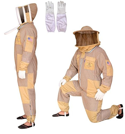 3 Layer Bee Suit with Fencing Veil and Round Veil One Pair Gloves Sting Proof Ventilated Beekeeping Suit, 2 Veils - color: Khaki, size: X-Large