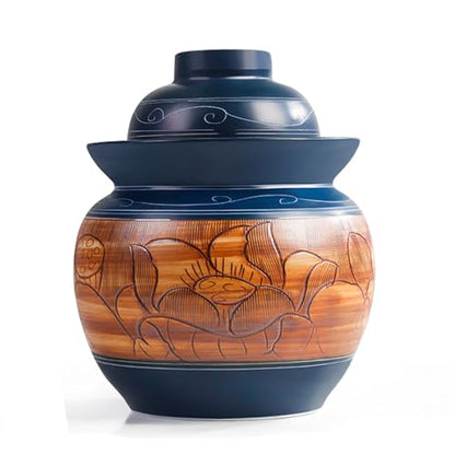 Traditional Chinese Porcelain Pickle Jar, Ceramic Fermenting Jar with Water Seal Airlock Lid, Turnip Kimchi Sauerkraut Fermentation Crock Pickling Pot(5kg, BlueA) - color: Bluea, size: 5kg