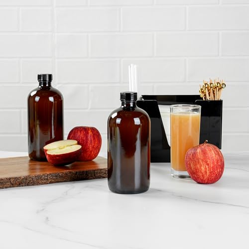 Restaurantware Vetri 16 Ounce Boston Glass Bottles, 12 Bottles With Black Phenolic Caps - Dishwashable, Round, Amber Glass Bottle, For Secondary Kombucha Fermentation, Homemade Essential Oils - color: Amber, size: 16 Ounces