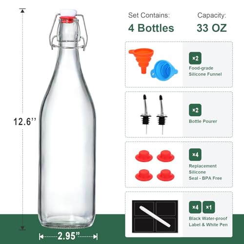 4 Pack [1 Liter / 33 fl. oz.] Swing Top Glass Bottles w/ Airtight Stopper Lids – Flip Top Brewing Bottle for Fermentation, Kombucha, Mead, Vinegar, Beer, Kefir, Wine – With 4 Extra Seals & 2 Pourers