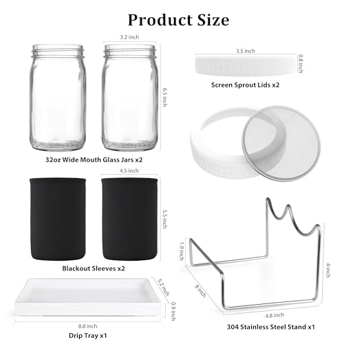Organic Seed Sprouting Jar Kit – 2 × 32 oz Wide-Mouth Mason Jars with Stainless-Steel Sprouter Lids & Stand, Blackout Sleeves, Drain Tray – Grow Broccoli, Alfalfa & Bean Microgreens - color: White