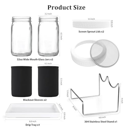Organic Seed Sprouting Jar Kit – 2 × 32 oz Wide-Mouth Mason Jars with Stainless-Steel Sprouter Lids & Stand, Blackout Sleeves, Drain Tray – Grow Broccoli, Alfalfa & Bean Microgreens - color: White