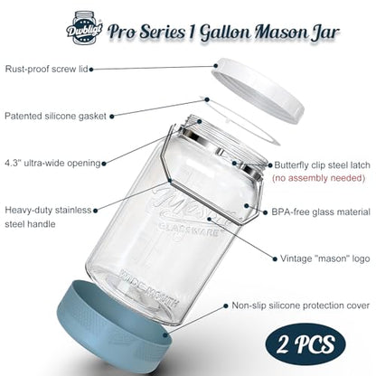 1 Gallon Glass Jar With Lid – 2 Pack Large Wide Mouth Mason Jars with BPA-free Airtight Lid, Sun Tea Jar - Fermenting & Pickling, Food Storage Canisters with Handle & Non-slip Base for Flour - size: 1 Gallon/Screw Lid