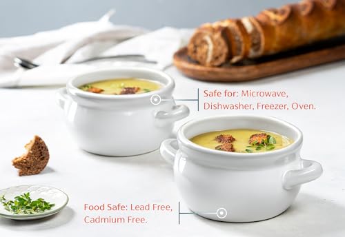 KooK French Onion Soup Crocks with Handles, Ceramic, Dishwasher, Microwave, Oven & Broil Safe, White Set of 4, 18 oz - style: White