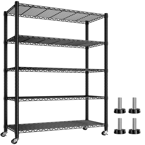 REIBII Storage Shelves Load 1980LBS,5 Tier Metal Shelving Unit with Wheels,Adjustable Wire Shelving Metal Storage Shelves Commercial Shelf for Garage Pantry Kitchen,76''HX36''WX16''D Black - color: Black, size: 76"H x 36"W x 16"D 5 Tier