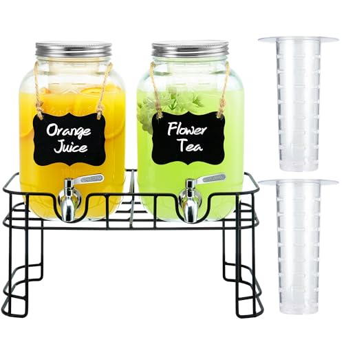 1 Gallon Glass Drink Dispensers for Parties, 2PACK Beverage Dispenser with Stand, Ice Cylinder and Stainless Steel Spigot 100% Leakproof, Beverage Dispenser for Lemonade Sun Tea - size: 1 Gallon Double with Stand