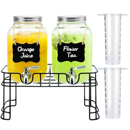 1 Gallon Glass Drink Dispensers for Parties, 2PACK Beverage Dispenser with Stand, Ice Cylinder and Stainless Steel Spigot 100% Leakproof, Beverage Dispenser for Lemonade Sun Tea - size: 1 Gallon Double with Stand