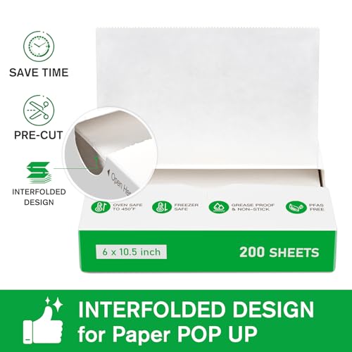 EcoDispose Precut POP UP Deli Paper Sheet Pack of 200, Interfolded Heavy Paper for Food Wrap and Serving (6" x 10-1/2", White） - color: White, size: 6“x10.5”inch