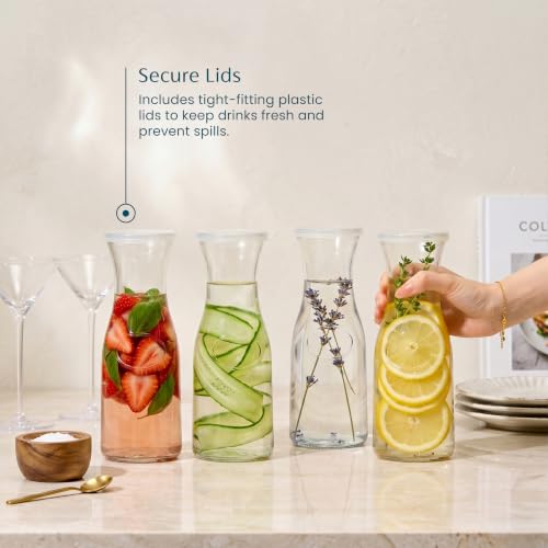 Kook Mini Glass Carafes with Lids, Small Beverage Pitchers for Fridge, Jugs for Water, Wine, Milk, Juice, 24 oz, Set of 4 - color: Set of 4, 24oz (Mini)