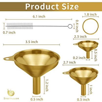 Snailhouse Small Funnels, 3 Pack Stainless Steel Mini Metal Food Funnel with Cleaning Brush Set for Filling Bottles Kitchen Use, Gold (1.78/2.16/2.95 in)