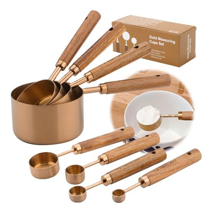 Premium Measuring Cups and Spoons Set with Wood Handle, 8-Pieces Stainless Steel Liquid and Dry Measuring Cup Set for Baking, Cooking, Coffee with Ergonomic Grip & Engraved Markings (Bronze8) - color: Bronze8