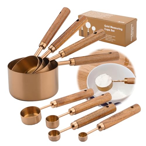 Premium Measuring Cups and Spoons Set with Wood Handle 8PCS | Stainless Steel Liquid and Dry Measuring Cup Set for Baking, Cooking, Coffee with Ergonomic Grip & Engraved Markings (Bronze) - color: Bronze8