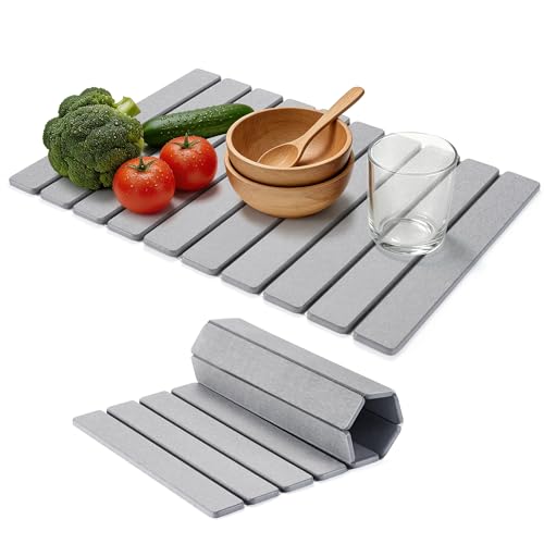 HABUTWAY Large Stone Dish Drying Mat for Kitchen Counter – 24"×16" Collapsible Diatomaceous Earth Mat, Ultra Absorbent & Quick Dry, Foldable Drying Pad for Dishes, Bottles, Cups (Light Grey) - color: LIGHT GREY