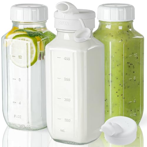 Syntic Glass Juice Bottles with Lids, 3 Pack Clear Glass Water Bottles w 2 Pour Spouts, 16 Oz Reusable Milk Jug w 100% Airtight Cap and Scale for Juicing Containers, Breast Milk Storage, Drinking Jar - style: 3 Pack