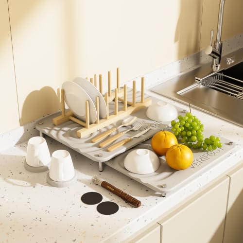 VERIFOST Nested Dish Drying Mat with Bamboo Rack for Dishes, 2Pcs Diatomaceous Earth Stone, Fast Stone Drying Mat for Kitchen Counter with Non-slip Feet, Moonlight Gray - color: Bamboo Rack Moonlight Gray