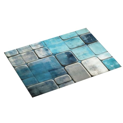 Kitchen Drying Mat for Countertop Modern Blue Geometric Tile Non-Slip Kitchen Counter Mat for Dishes Glassware - color: Blue Teal & Gray