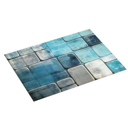 Kitchen Drying Mat for Countertop Modern Blue Geometric Tile Non-Slip Kitchen Counter Mat for Dishes Glassware - color: Blue Teal & Gray