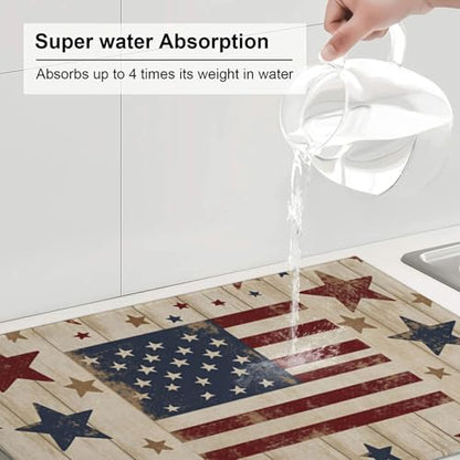 American Flag Stars Wood Microfiber Dish Drying Mat 18x24 Inch - Absorbent Non-Slip & Quick Dry Kitchen Counter Dish Drainer Pad, Rustic Farmhouse Style - color: American Flag Stars Wood