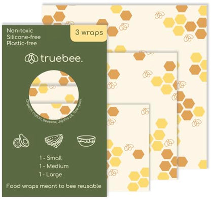 Truebee Reusable Beeswax Food Wraps 3-Pack – Non Toxic, Plastic Free, Silicone Free, Sustainable, Environmentally Friendly, Organic Cotton Beeswax Wraps (S, M, L), Signature Design - color: 3 Pack - Honeycomb