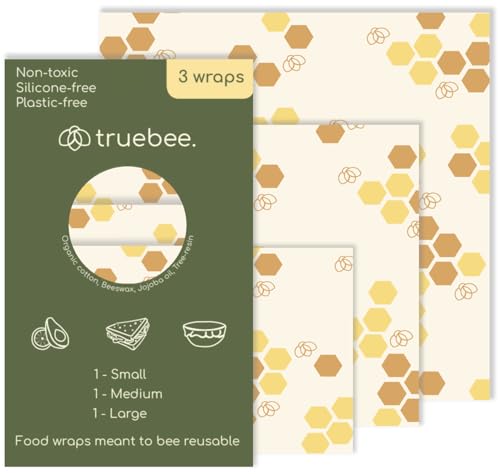 Truebee Reusable Beeswax Food Wraps 3-Pack – Non Toxic, Plastic Free, Silicone Free, Sustainable, Environmentally Friendly, Organic Cotton Beeswax Wraps (S, M, L), Signature Design - color: 3 Pack - Honeycomb