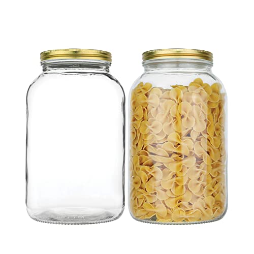 kitchentoolz 2 Pack - 1 Gallon Glass Mason Jar Wide Mouth with Airtight Metal Lid - Safe for Fermenting Kombucha Kefir - Pickling, Storing and Canning- BPA-Free Dishwasher Safe- Made in USA - color: Gold Lid, size: 1 Gallon