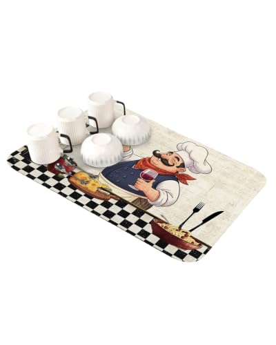 Kitchen Chef Dish Drying Mat for Kitchen Counter, Absorbent Quick Dry Coffee Bar Mat Pad Thin Diatomaceous Sink Mats, Vintage Rustic Cheese Wine Coking Checked Non Slip Dish Drainer Mats 16''x18'' - size: 18" x 16"
