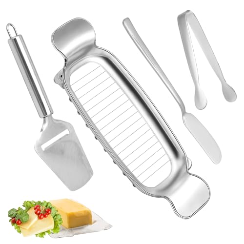 4pcs Stainless Steel Cheese Cutter Set, Includes Wire Butter Slicer Butter Spreader Cheese Plane and Tongs Practical Kitchen Tools for Home Kitchen Baking Breakfast - style: Butter Slicer+Spreader+Tongs+Cheese Plane