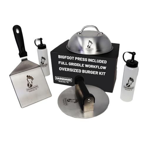 Sasquash Burger Press Kit, 5 Piece Smash Burger Set, Smash Burger Press, Spatula, Melting Dome and 2 Squirt Bottles for Griddle and Grill, Stainless Steel, Kitchen Gadgets, Grilling Accessories - size: Combo