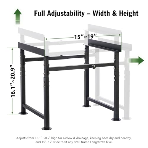 Bee Hive Stand for 8 & 10 Frame Beehive Boxes, Metal Bee Hive Stand, Adjustable Height 16.1"-20.9" & Adjustable Width 15"-19", Easy to Assemble Bee Stand for Beekeeping Supplies & Tools (Black)