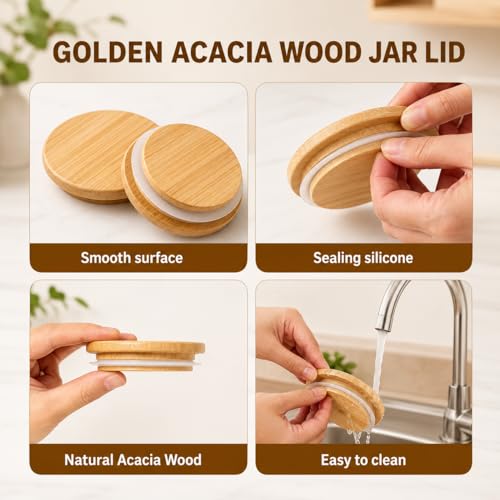 Bamboo Mason Jar Lids - 86mm/3.4 Inch Reusable Wide Mouth Mason Jar Lids, Wooden Mason Jar Lids with Silicone Sealing, 100% Fit & Airtight for Wide Mouth Mason Jars (6 Pack Wide Lids)