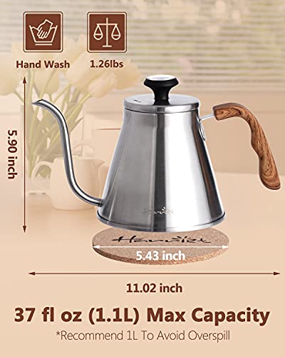 Harriet Gooseneck Kettle with Thermometer for Pour Over Coffee and Tea, 37 fl oz, Stainless Steel, Durable 3-Layer Base, Ideal Spout for Precision Pouring, Compatible with all Stove Tops - color: Stainless Steel