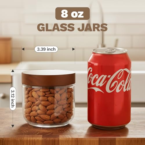 Bumobum 8 oz Glass Mason Jars with Lids, Small Glass Container with Acacia Wood Airtight Lid, Wide Mouth Canisters for Chia Pudding Loose Tea Coffee Salad Snacks Yogurt Spice, 4-Pack - color: 8oz