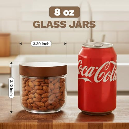 Bumobum 8 oz Glass Mason Jars with Lids, Small Glass Container with Acacia Wood Airtight Lid, Wide Mouth Canisters for Chia Pudding Loose Tea Coffee Salad Snacks Yogurt Spice, 4-Pack - color: 8oz