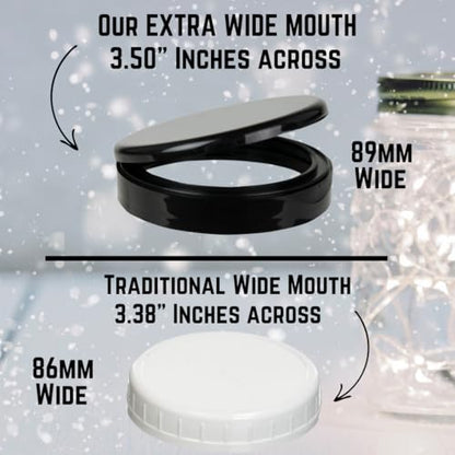 Jarming Collections Mason Jars - 16 oz Glass Extra Wide Mouth Pint Storage Jars with Black Flip Snap Lids - Made in USA - color: 2 Black Flip Plastic Lids-16 OZ