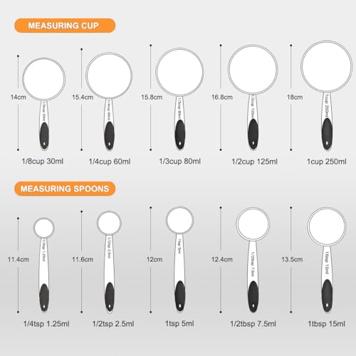 Measuring Cups and Spoons Set, Set of 10 Stainless Steel Measuring Cups and Spoons, with Silicone Handles, Stackable, Easy to Store for Kitchen, Cooking, Baking (Black)