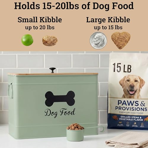 Dog Food Container Airtight Bamboo Lid 15-20 lb Sturdy Metal Handle 70 Cups | Pet Jar For Dogs up to 100lbs, Airtight Bamboo Lid, Sturdy Comfortable Metal Handle, Powder Coated Iron, Kibble Storage Bin - color: Sage Green