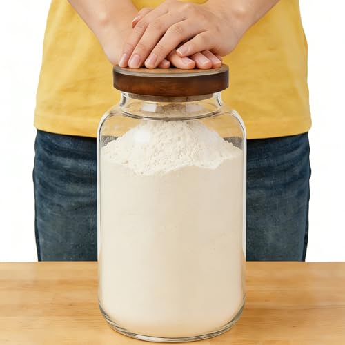 2-Pack Large Glass Flour and Sugar Storage Containers, 95 oz / 2800 ml Airtight Glass Jars with Wooden Lids, Clean & Elegant Canisters for Storing Rice, Pasta, Oats, Candy, Cookies and More - size: Large