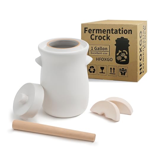 Fermentation Crock 3.8Liter/1 Gallon Stoneware Pot for Fermenting, Pickling Kimchi, Pickles, Vegetables, Kombucha - Glazed Fermenter with Stone Weights, Lid & Pickle Tamper-White Crock - color: White