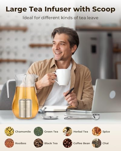 HOUSE AGAIN Large Tea Infuser, Extra Fine Mesh Tea Strainers for Loose Tea, 18/8 Stainless Steel Tea Strainer with Extended Chain Hook, Tea Steeper for Brew Tea, Spices & Seasonings for Multi Cups - size: Large × 1