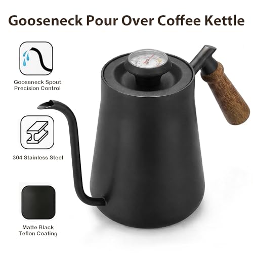 Gooseneck Tea Kettle Stovetop, 850ml Pour Over Coffee Tea Kettle with Thermometer, 304 Stainless Steel Teapot, Ergonomic Wood Handle, Matte Black Coating, Induction & Stove Top Brewing