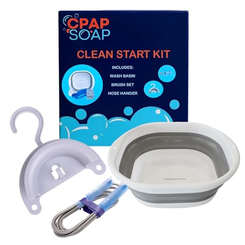CPAP Cleaning Kit and Supplies for Mask, Hose, and Accessories - 1-Gallon Collapsible Wash Basin, 6ft Brush Set, Hose Hanger with Suction Cup - CPAP Soap Clean Start Kit by Liviliti